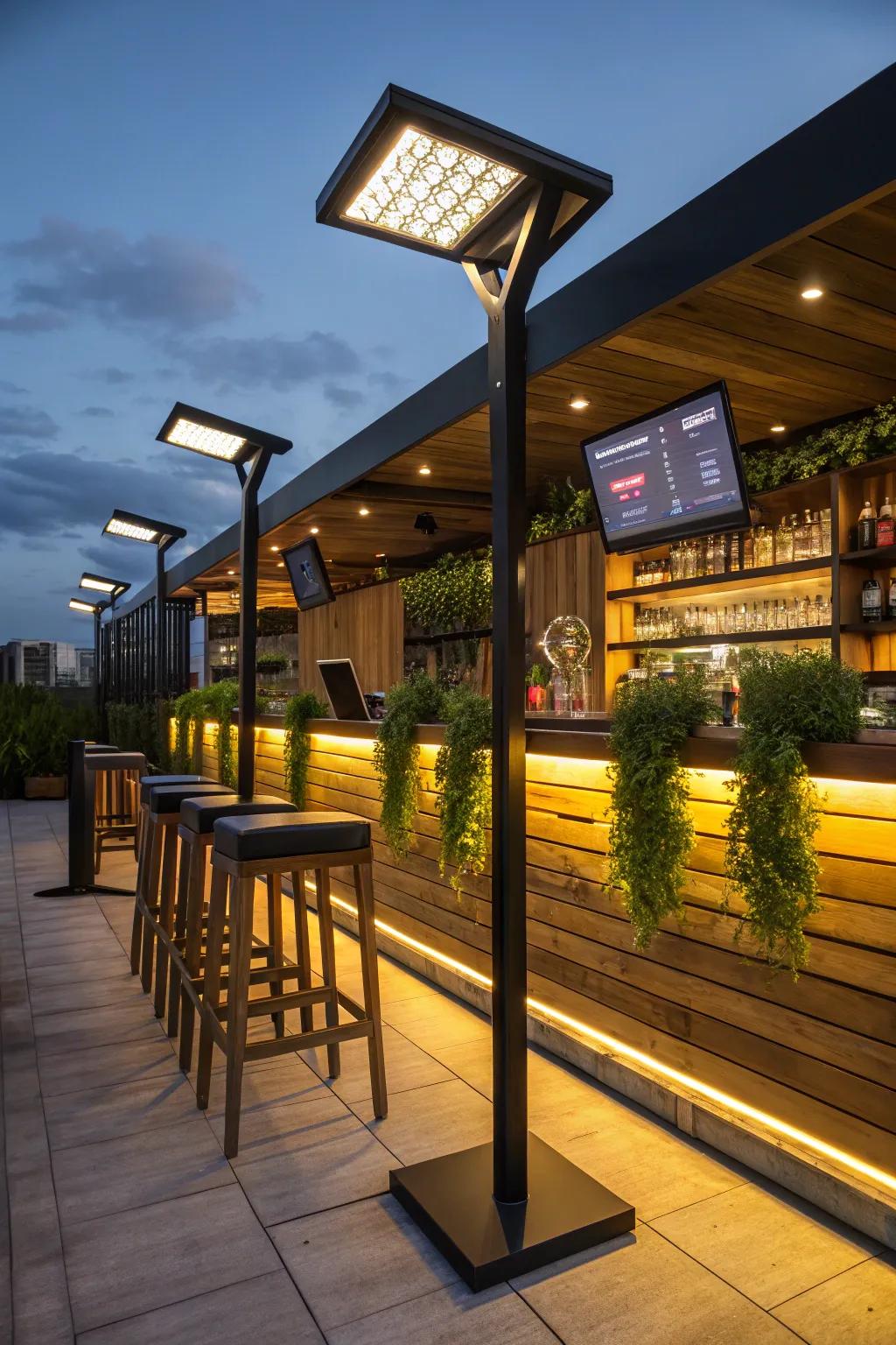 Illuminate your outdoor sports bar sustainably with chic solar-powered lighting for an eco-friendly ambiance.