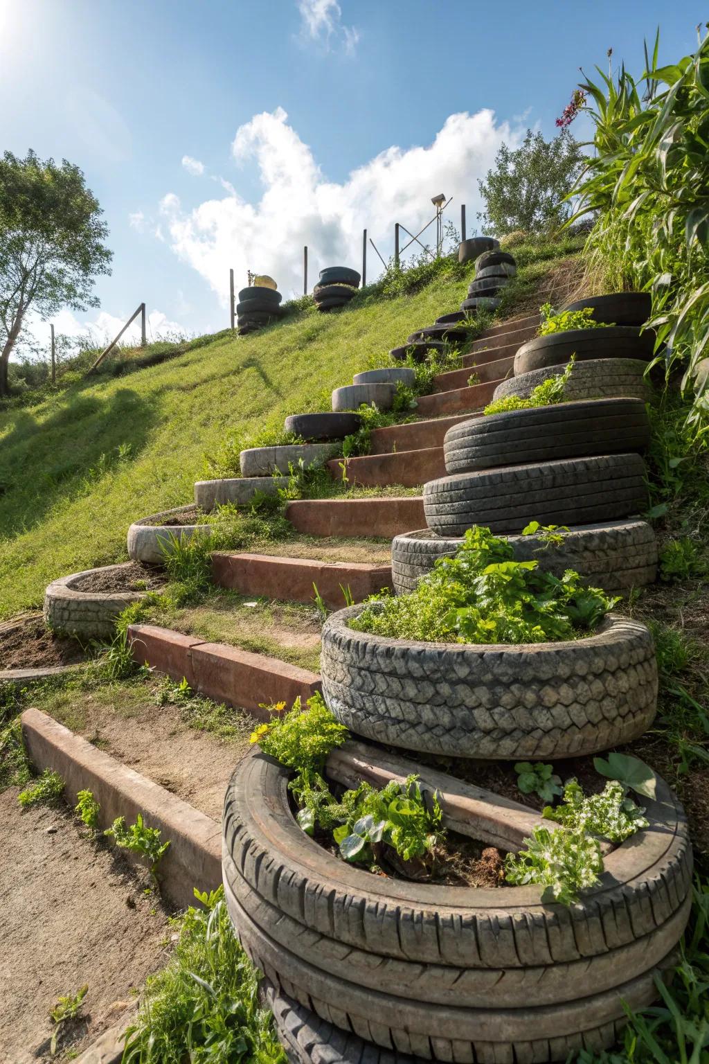 Old tires transformed into steps offer playful and sustainable garden solutions.