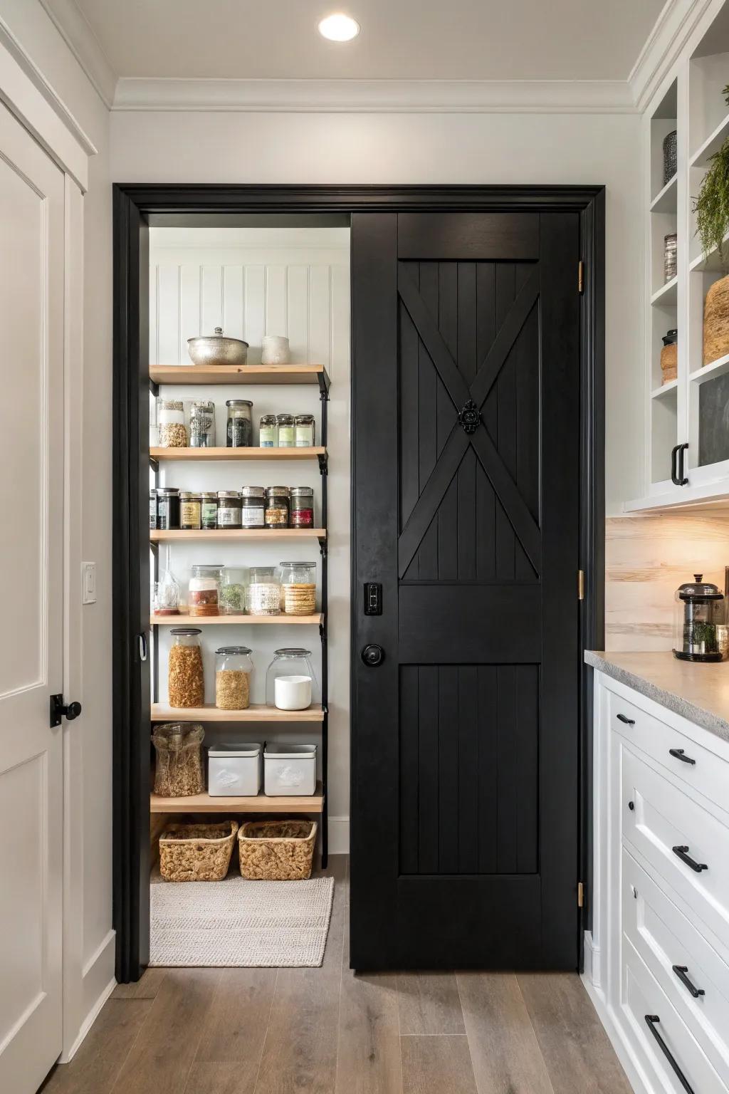 A black door adds a bold and sophisticated touch to your pantry.