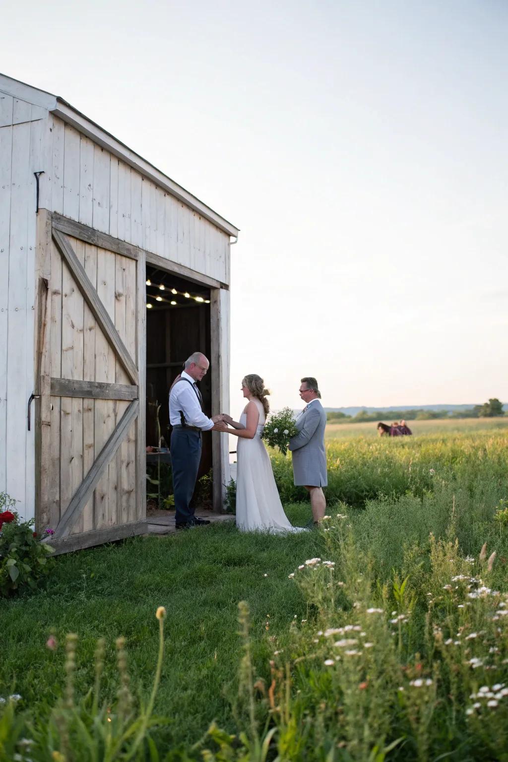 A barn portal provides a countryside backdrop for the ceremony.