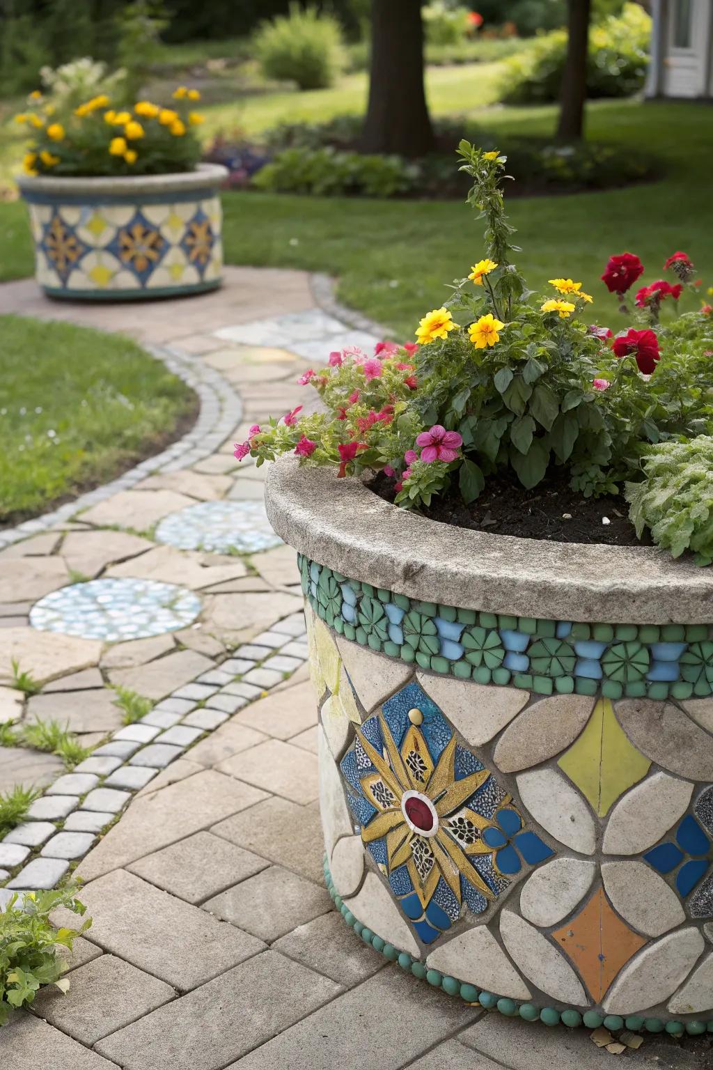 Decorative patterns turn paver planters into garden art.
