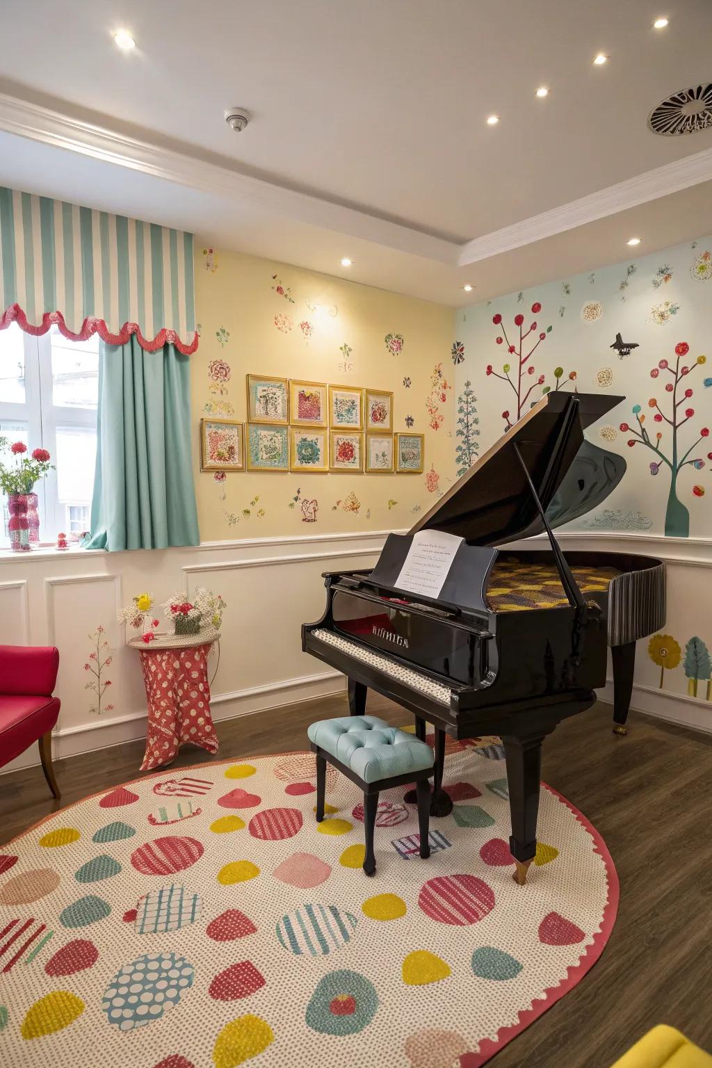 Whimsical elements add character and joy to the music space.