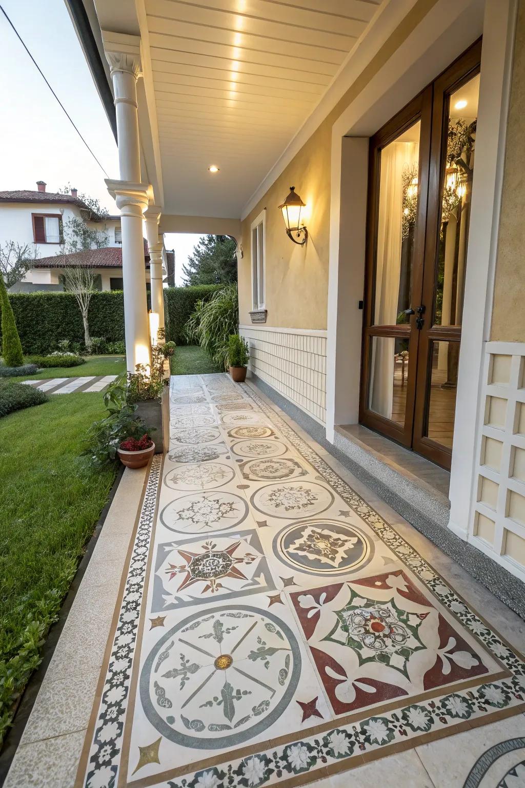 A porch extension with artistic tile patterns.