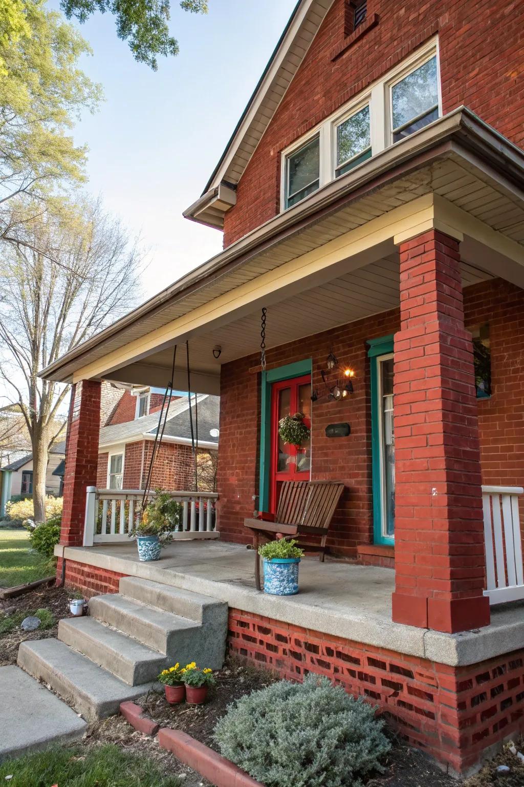 A bold front door color adds a striking focal point to this red brick porch.