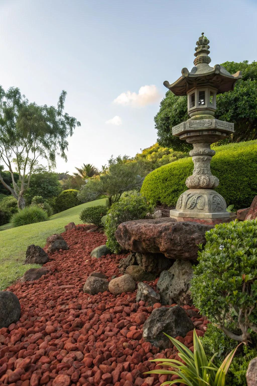 A sculpture on red lava rocks becomes a standout feature in this garden.