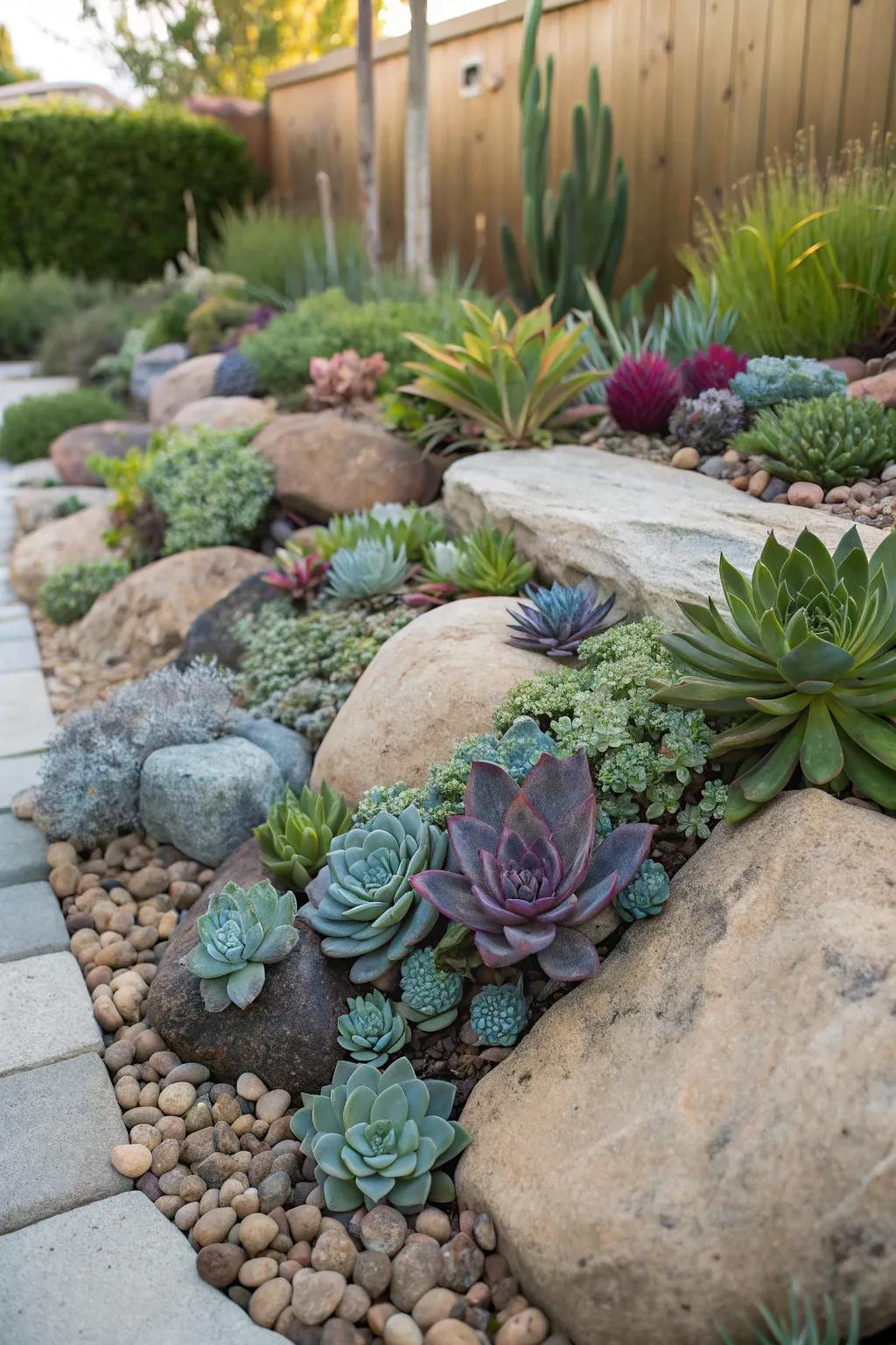 Create a vibrant garden with rocks and succulents.