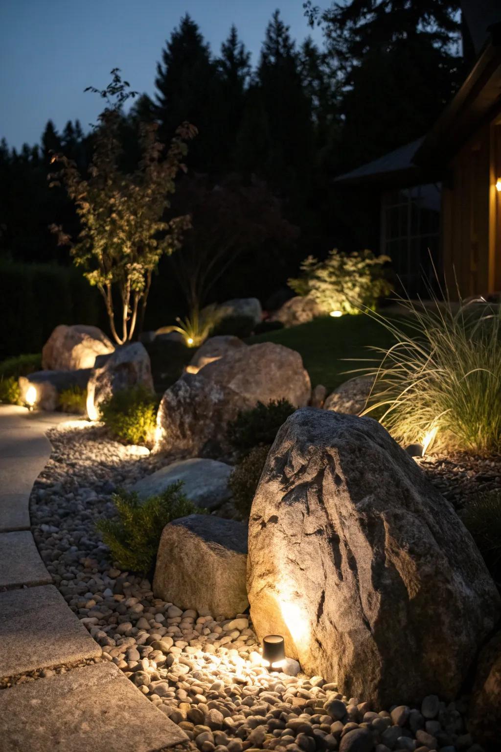 Nighttime garden lights will compliment your rock garden.