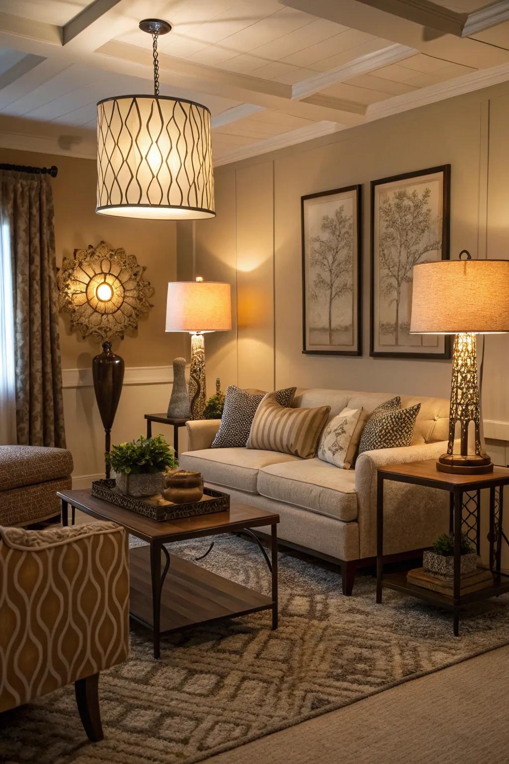 A room with versatile lighting through layered sources.