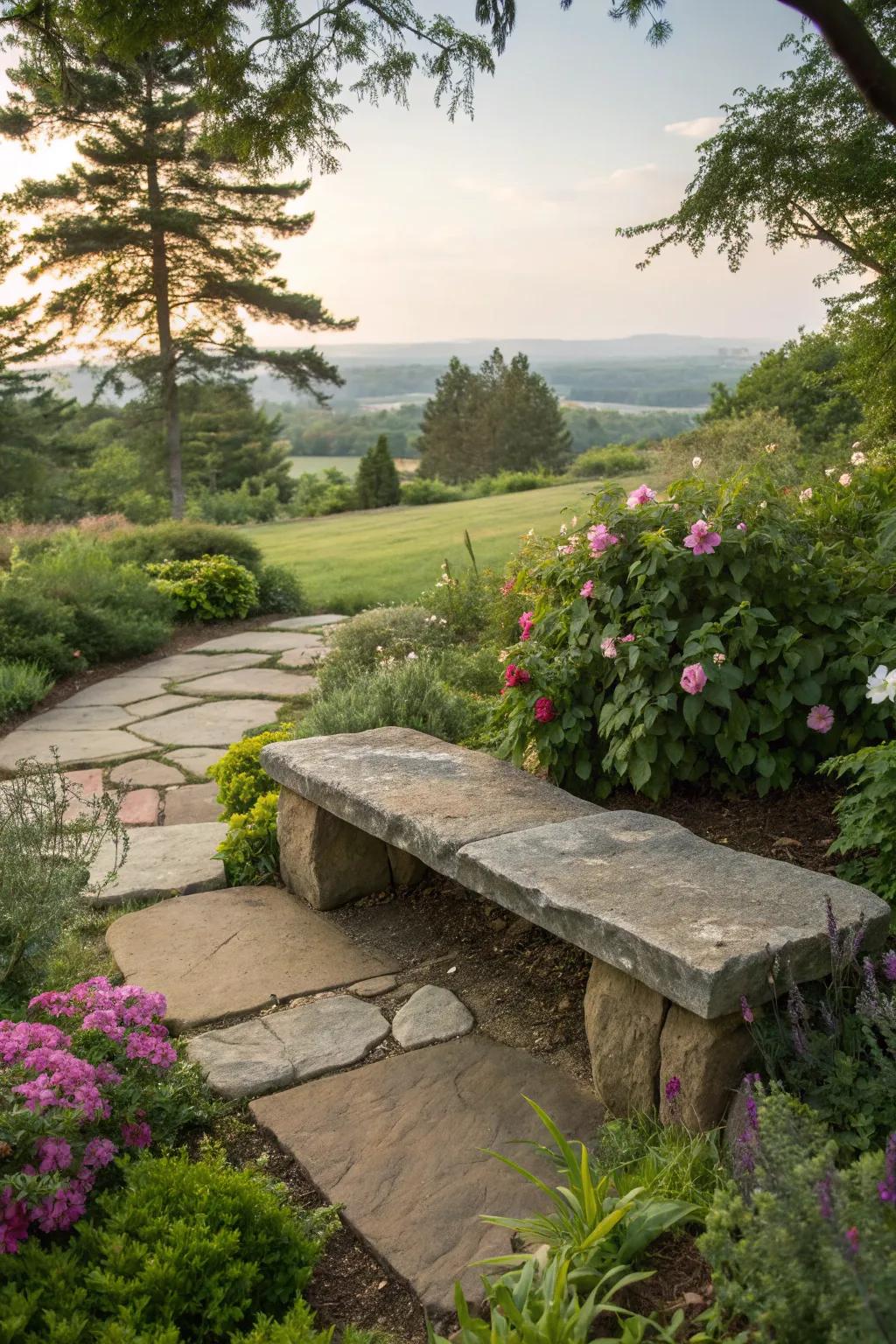 A garden bench created from natural stones, blending into its surroundings.