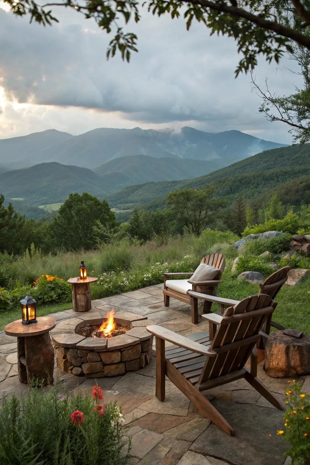 Outdoor living spaces blend rustic charm with natural beauty.
