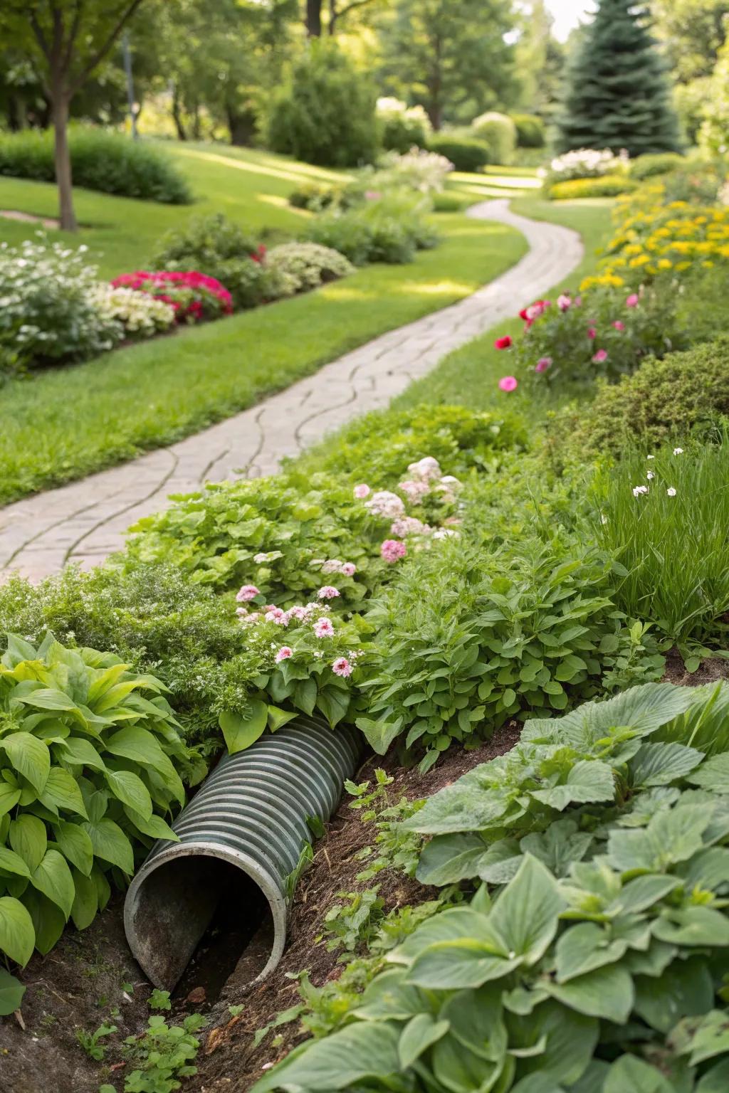 Eco-friendly ground cover adds lush greenery while hiding a septic pipe.