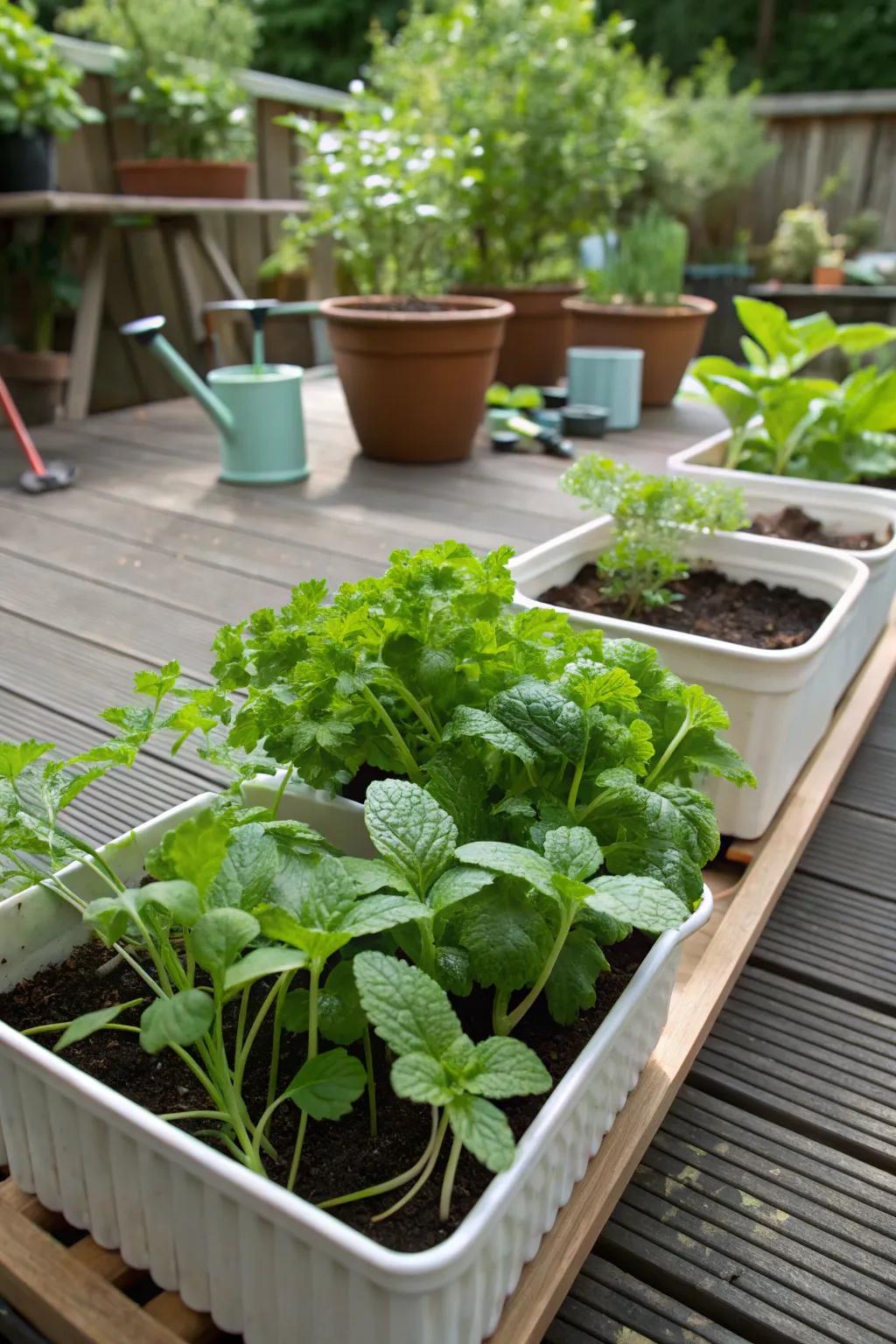 An edible shade garden with containers exhibiting mint and parsley.