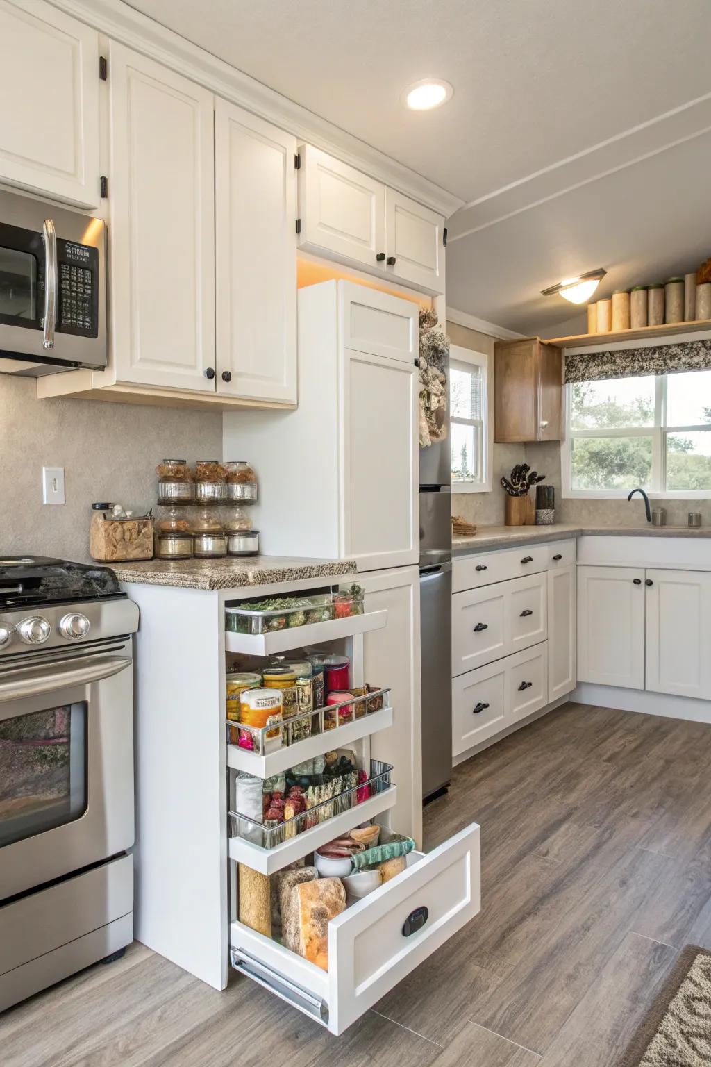 Hidden storage maintains a clean and functional kitchen.