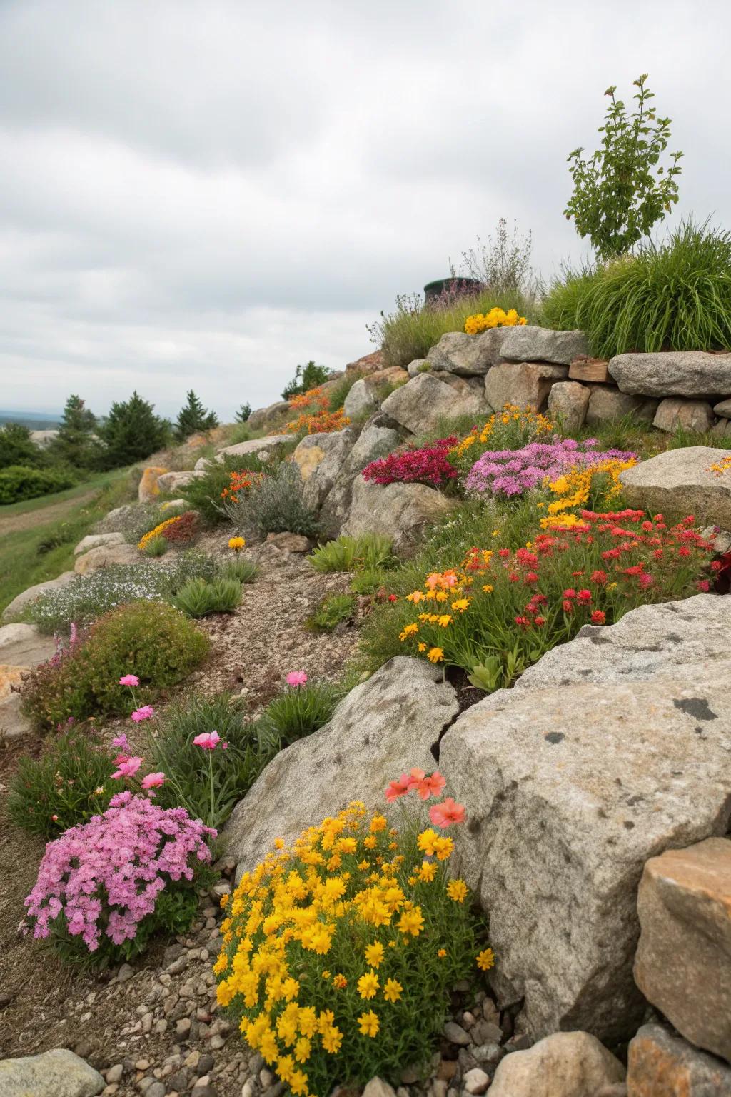 Seasonal blooms provide year-round beauty in this rock garden.