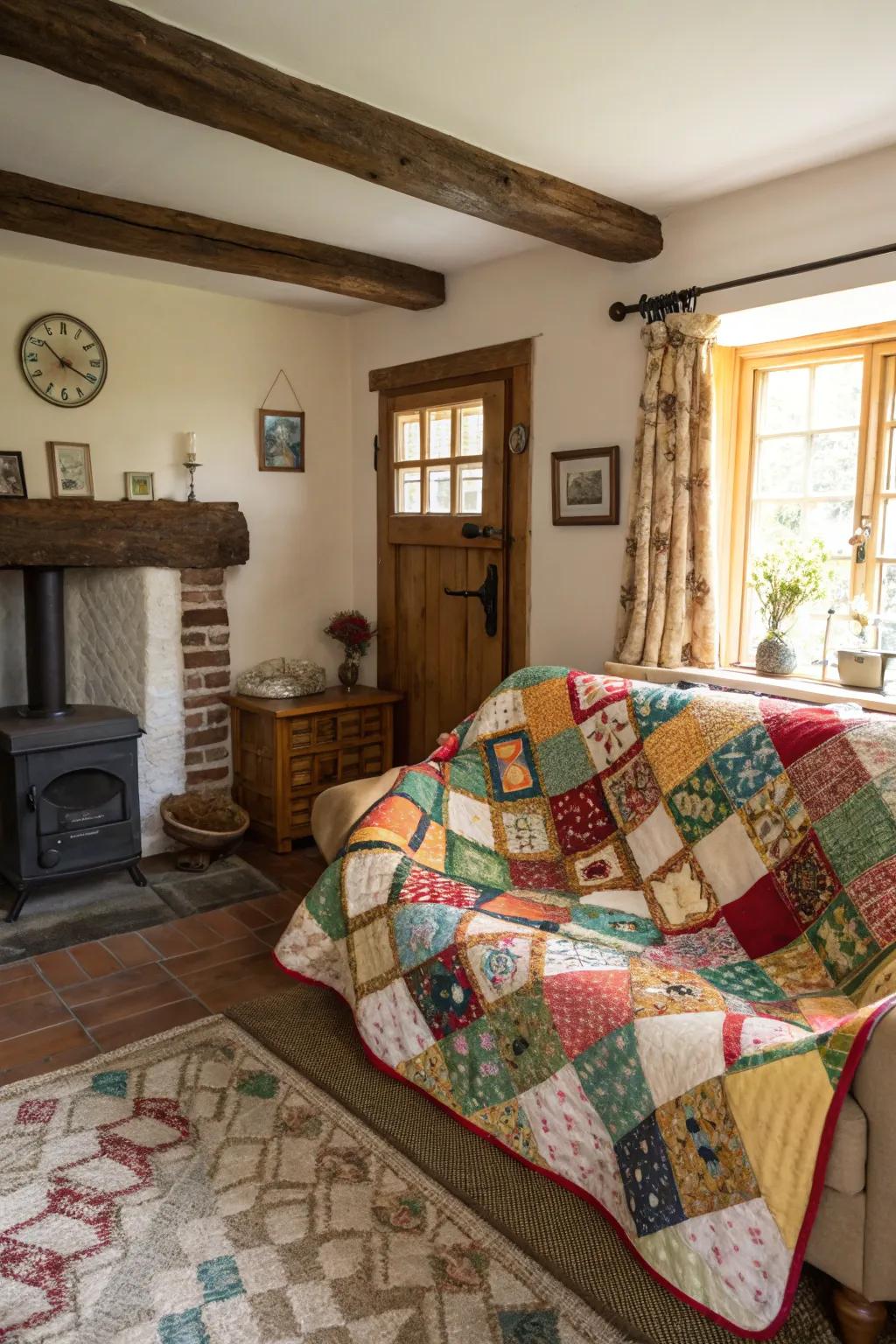 A patchwork quilt adds a handmade touch to this cozy living room.