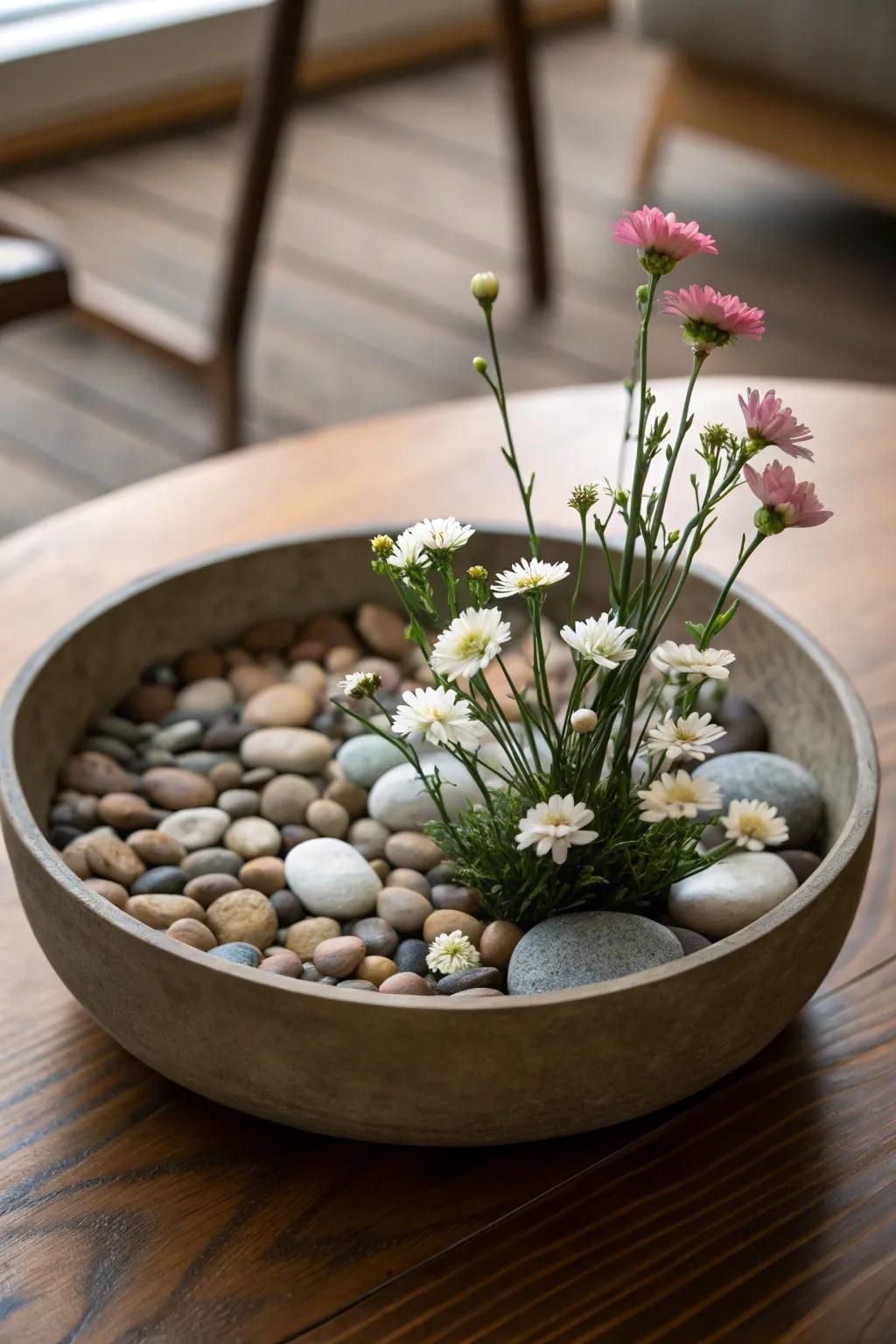 Pebbles create a natural base for serene floral arrangements.