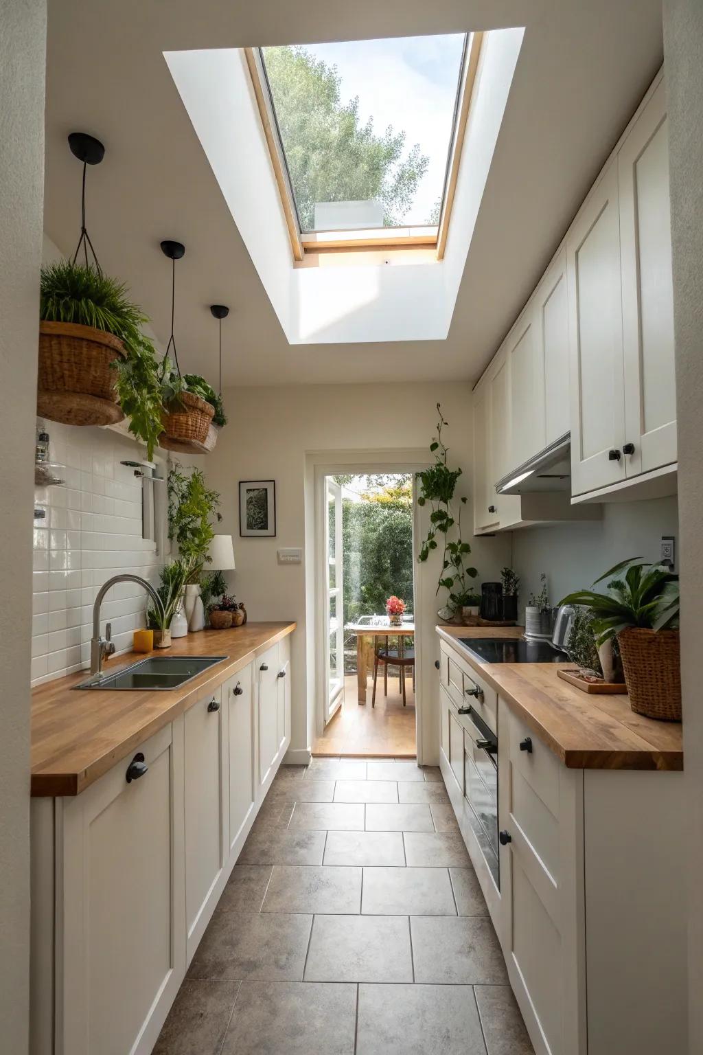 A skylight brings an airy and bright atmosphere to this cooking space.