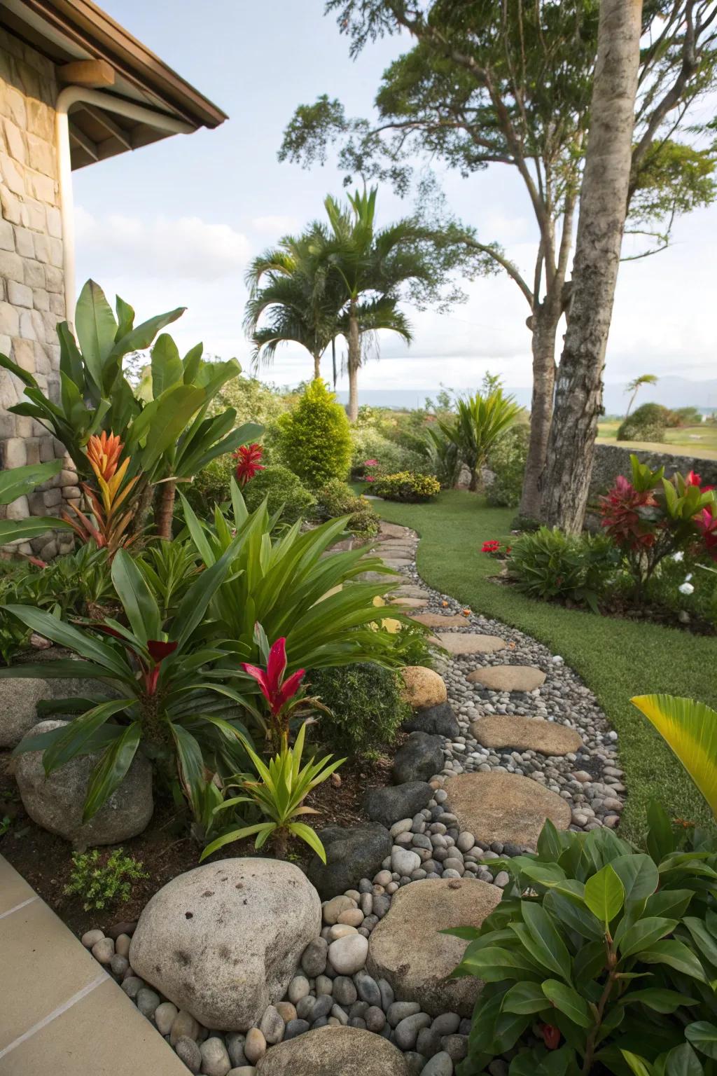 Inherent stones infuse a grounding element to the lush tropical scenery.