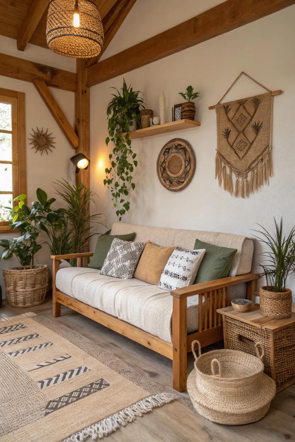 A sofa with wooden accents brings warmth to a small living room.