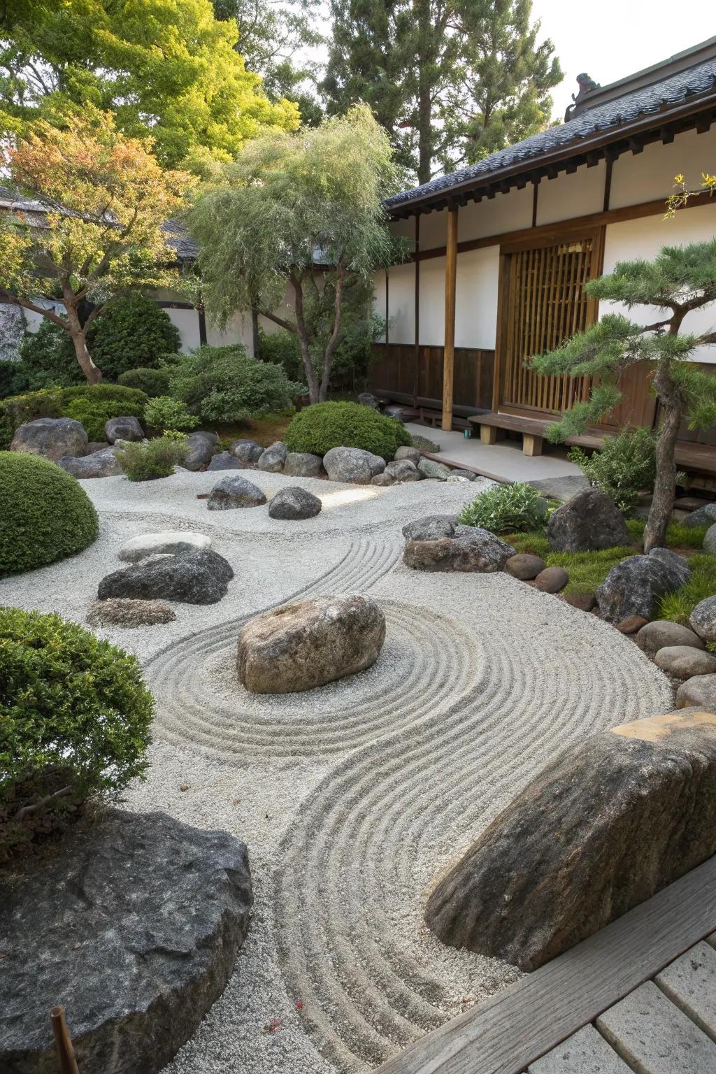 A zen-inspired dry garden provides a contemplative space.