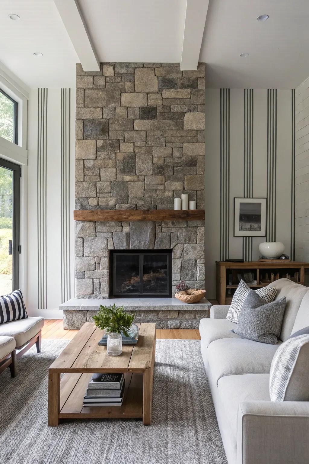 Render a daring proclamation via vertical stone striations that elevate your hearth blueprint.