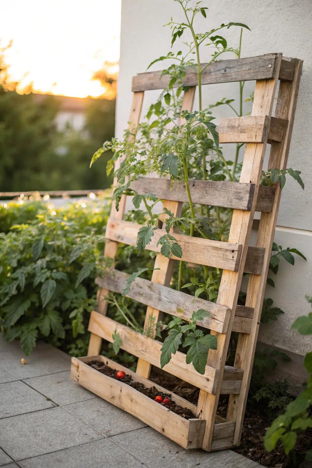 Transform your garden with a rustic pallet trellis, where simplicity meets understated elegance. 🌿✨