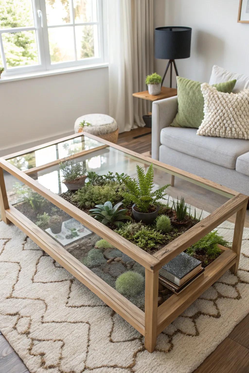 Elevate your space with a stunning terrarium table – where craftsmanship meets natural beauty.