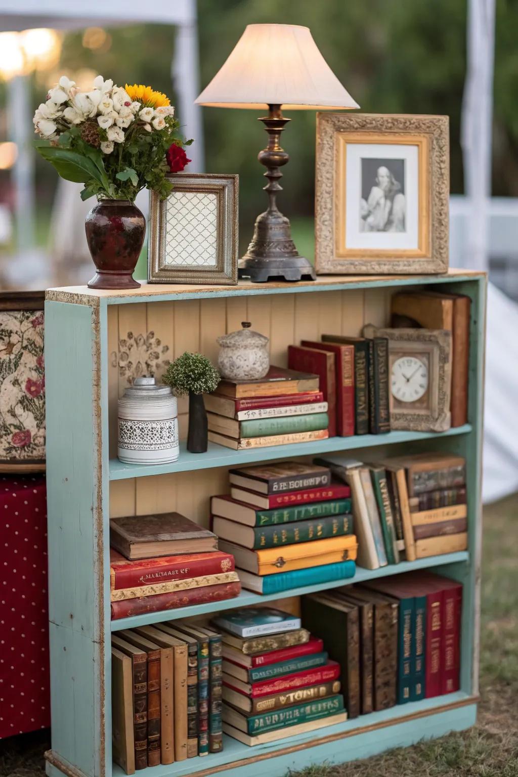 A creatively arranged bookshelf becomes a living room centerpiece.