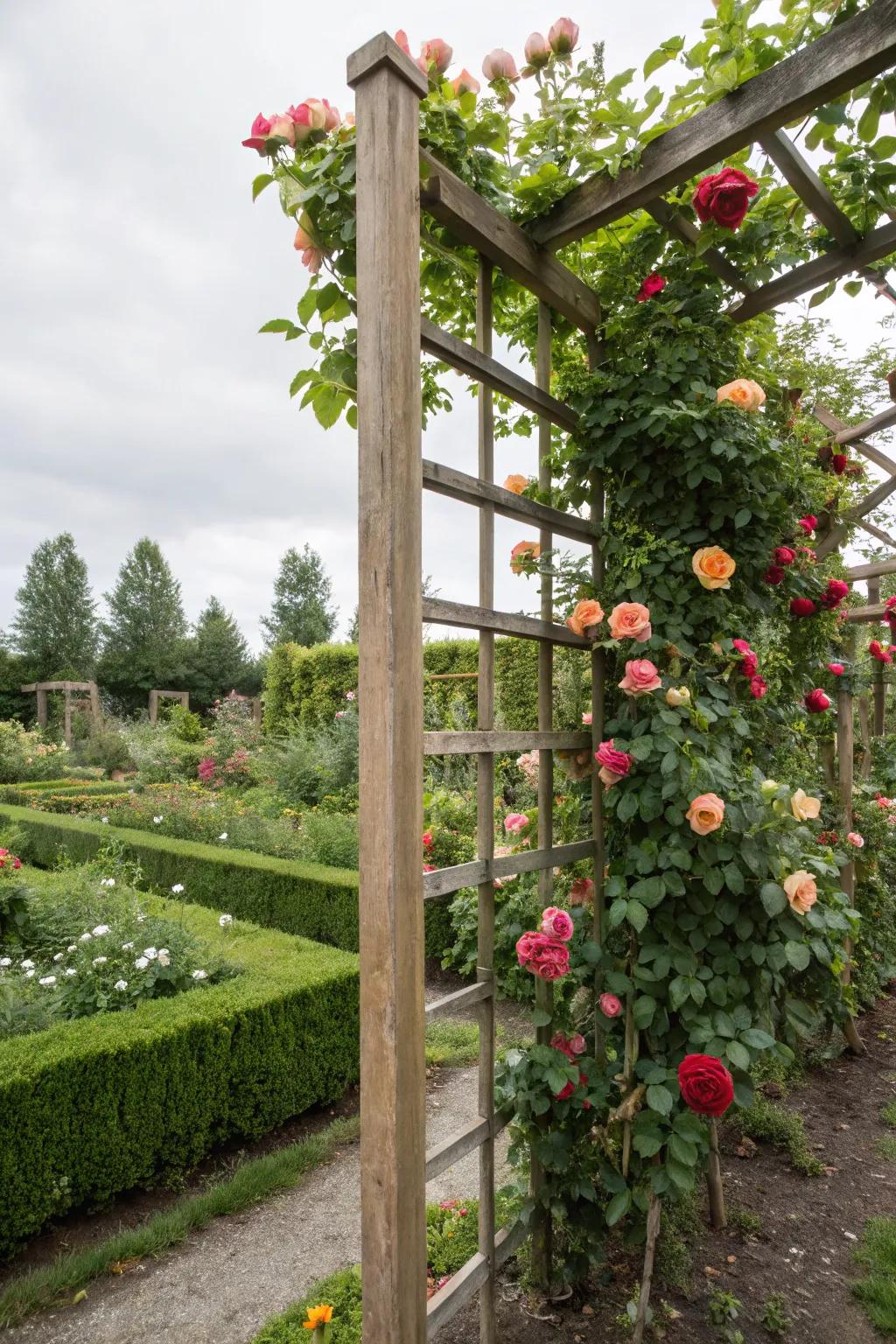 Wooden grid trellises offer a classic garden look.