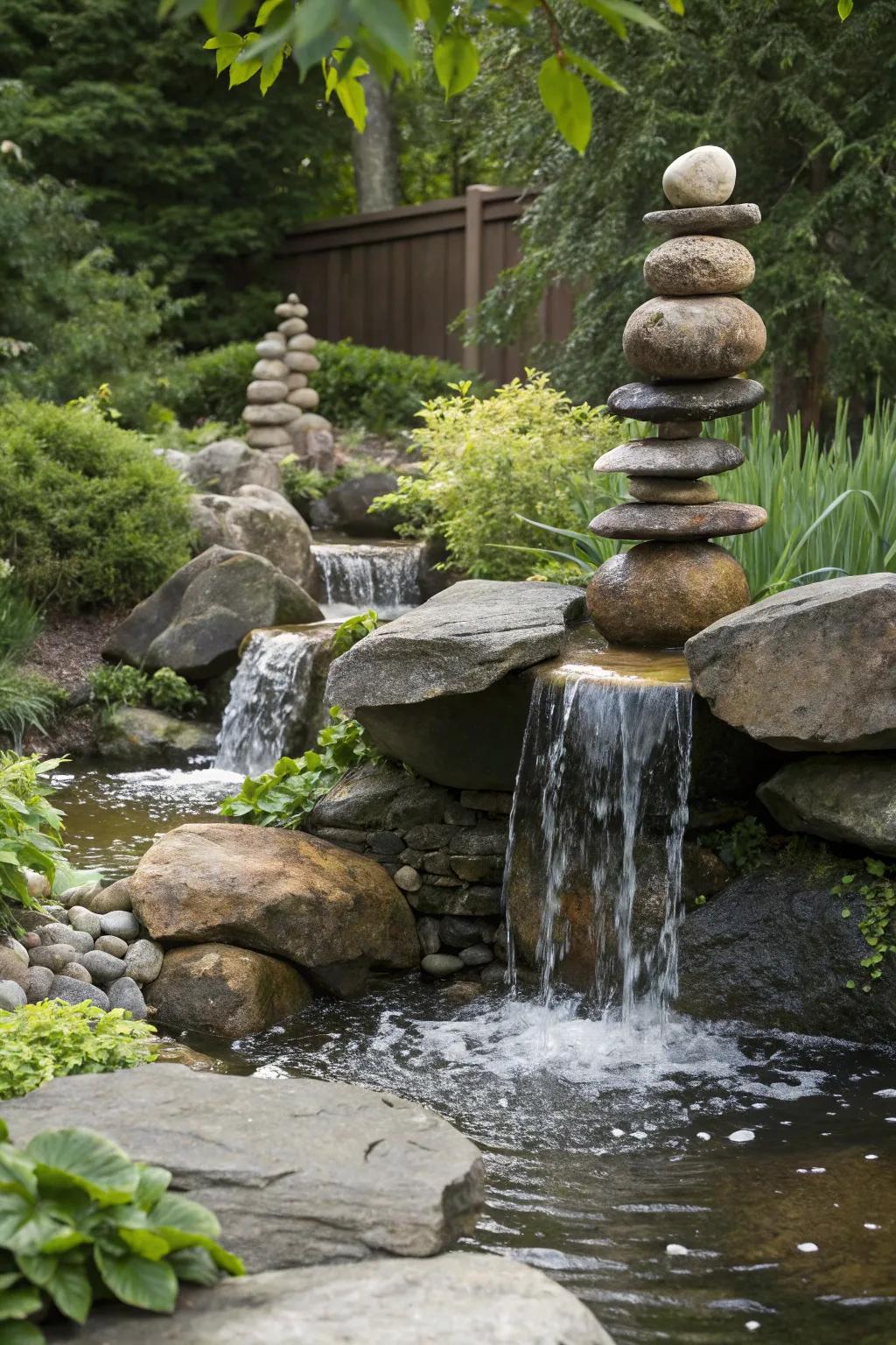 An intriguing garden cascade showcasing stones seemingly hovering mid-air.
