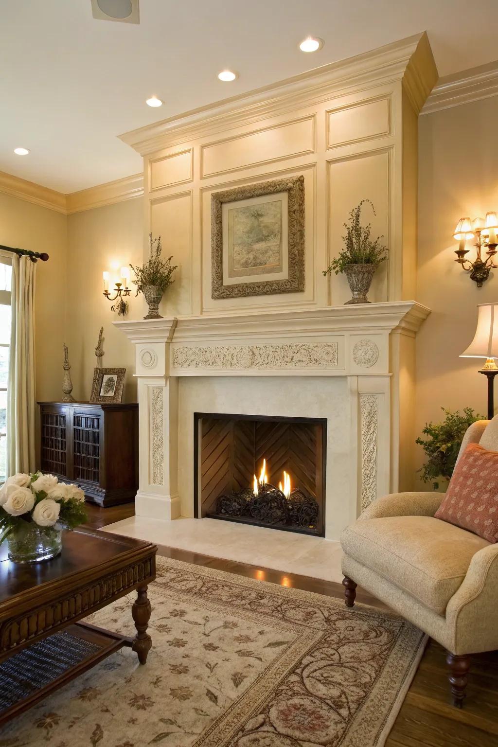 A cream fireplace provides a warm and inviting centerpiece in this classic room.