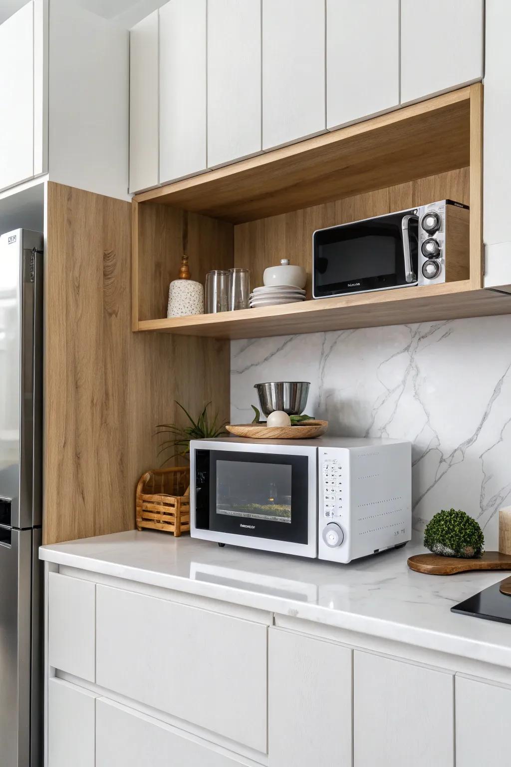 An open-shelf microwave offers seamless access and boosts kitchen appeal.