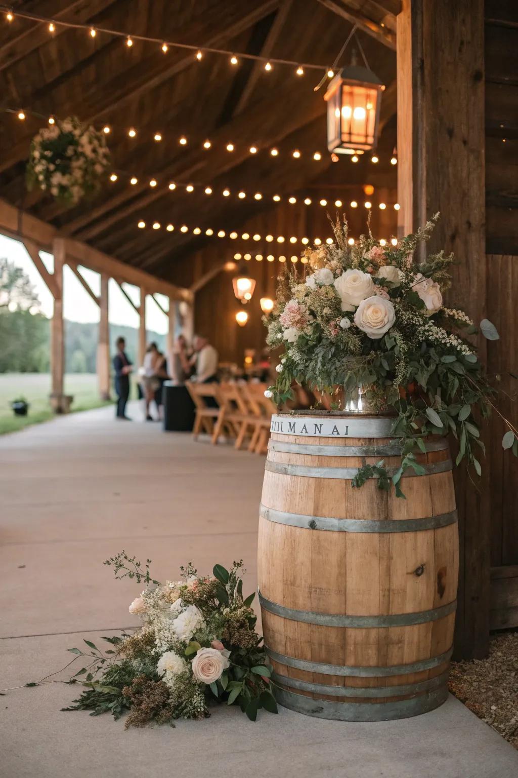 Country-style wedding decor featuring cask and romantic gentle lights.