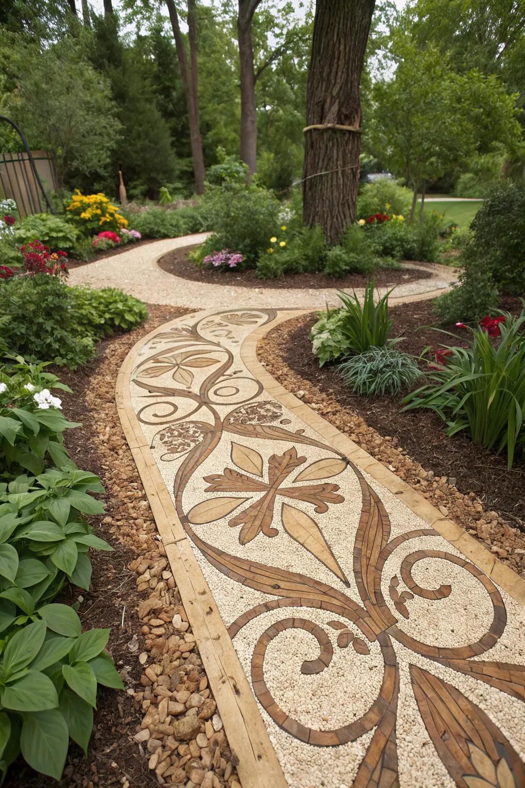 Wood chips can be arranged creatively for unique outdoor flooring designs.