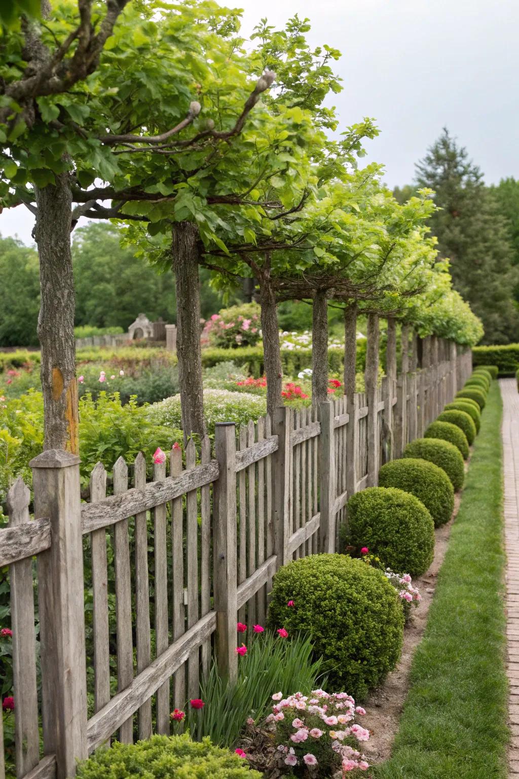 Espaliered trees transform fences into living walls of natural beauty.