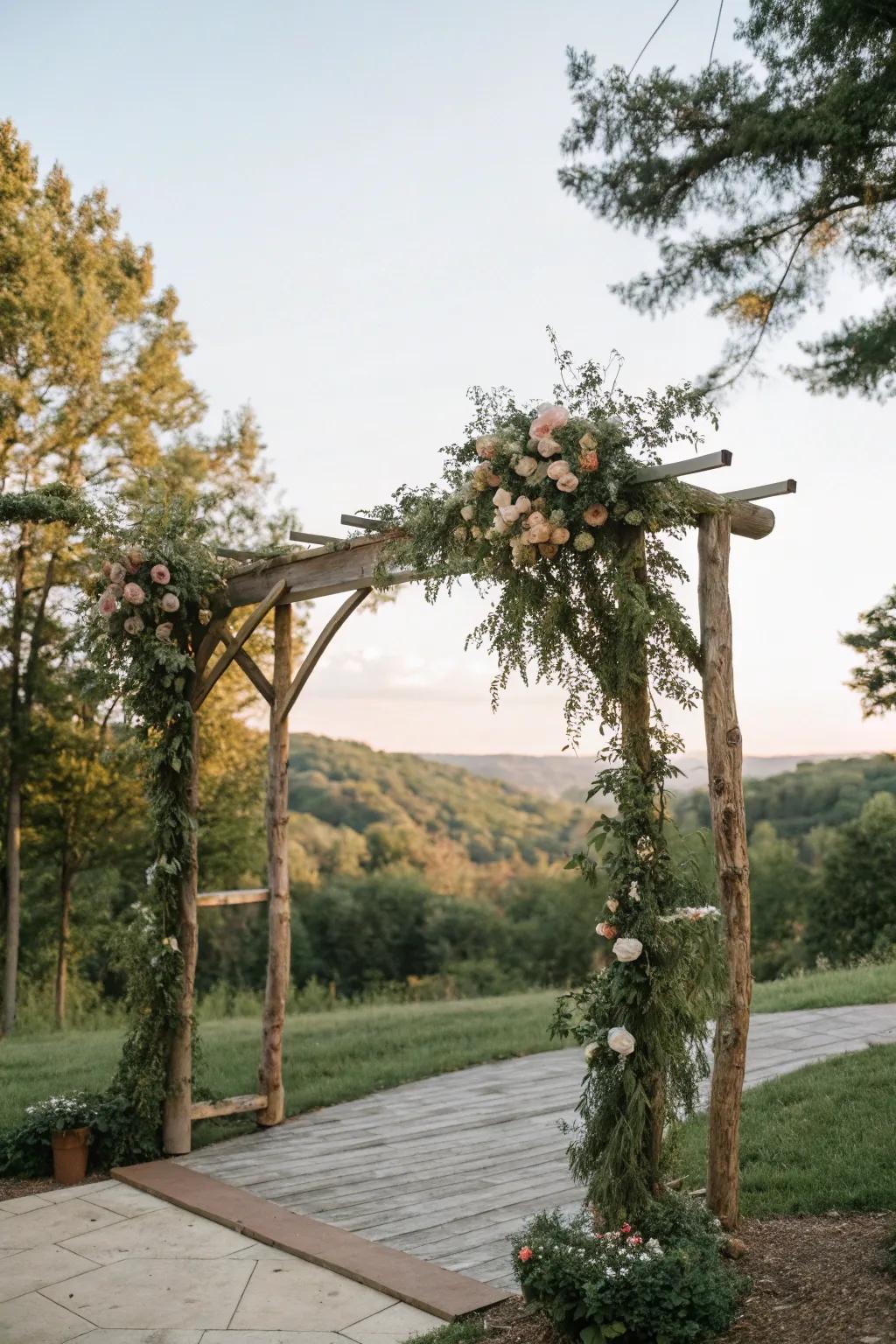 Craft an environmentally-friendly arch using sustainable materials that celebrate nature's beauty.