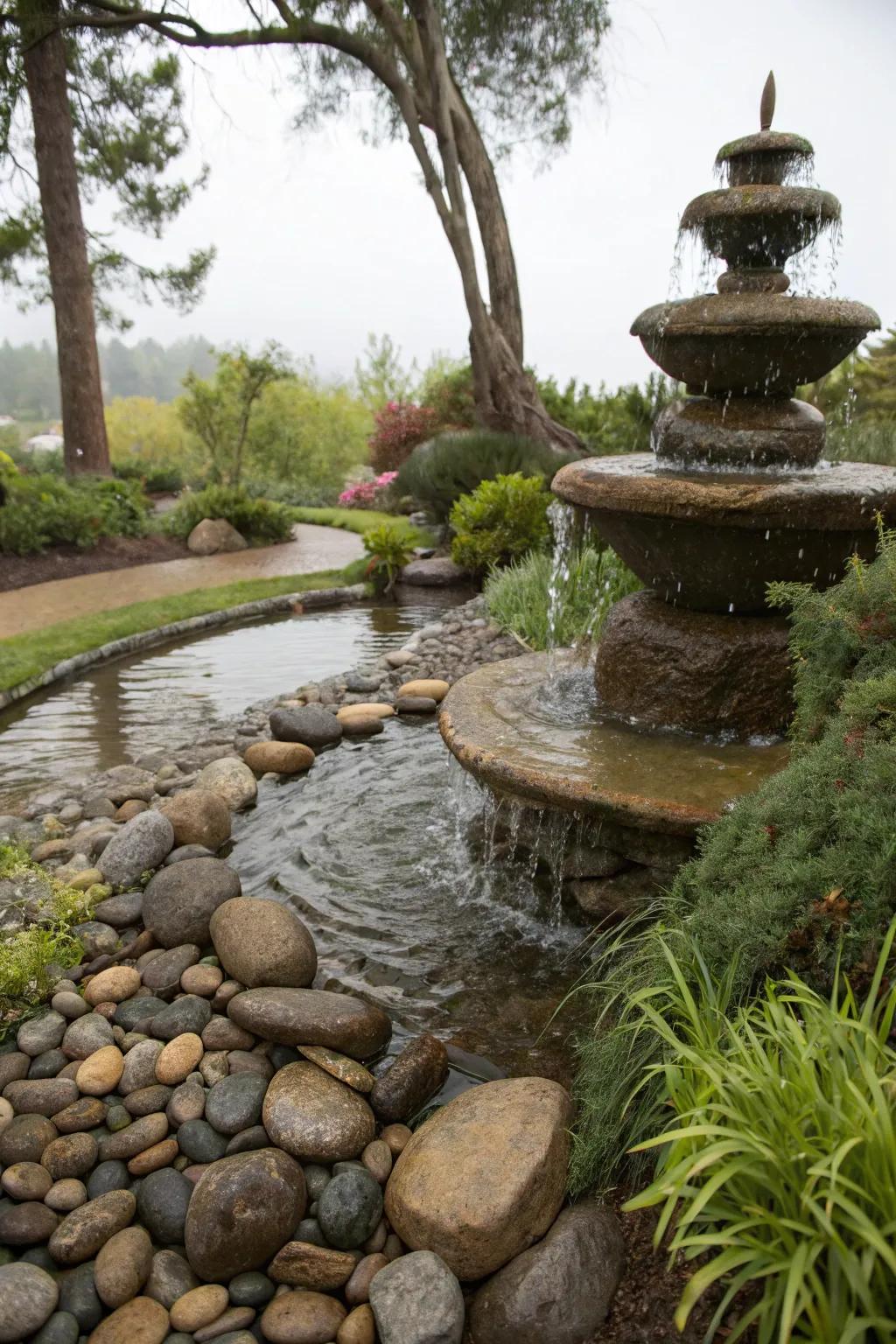 A pebble stream fountain creating a natural and soothing garden brook.
