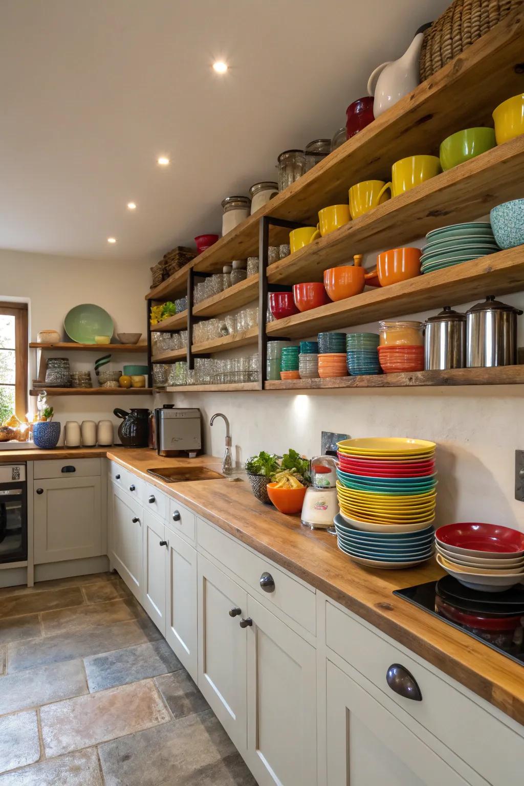 Open shelves introduce a sophisticated touch to a modestly sized kitchen.