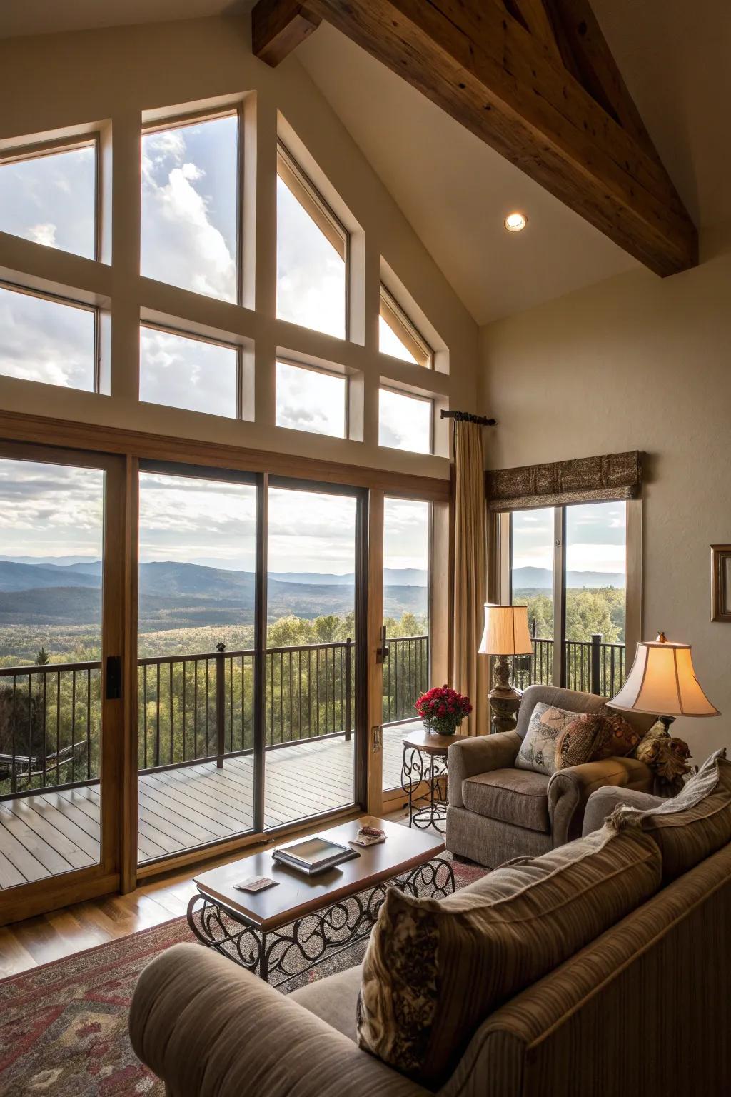 Balcony views infuse a natural touch to the second-story living room.