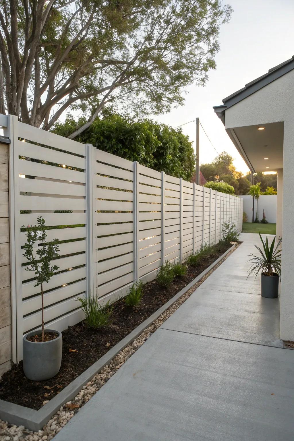 Create a modern vibe with a horizontal slat fence.