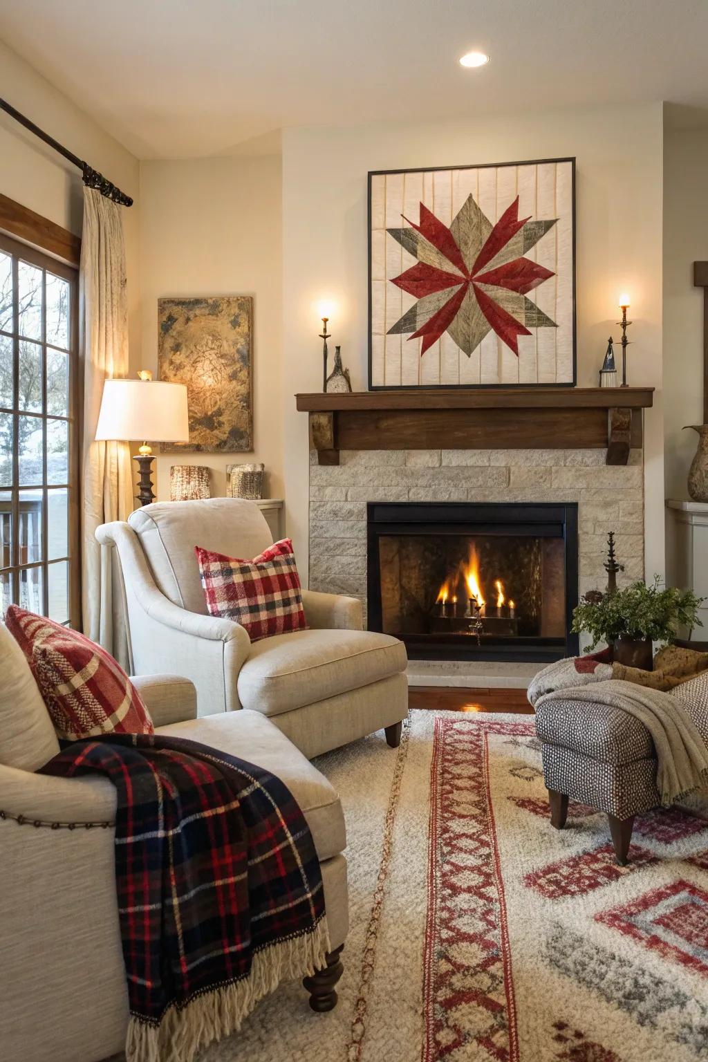 A bold art piece brings a stylish vibe above the fireplace.