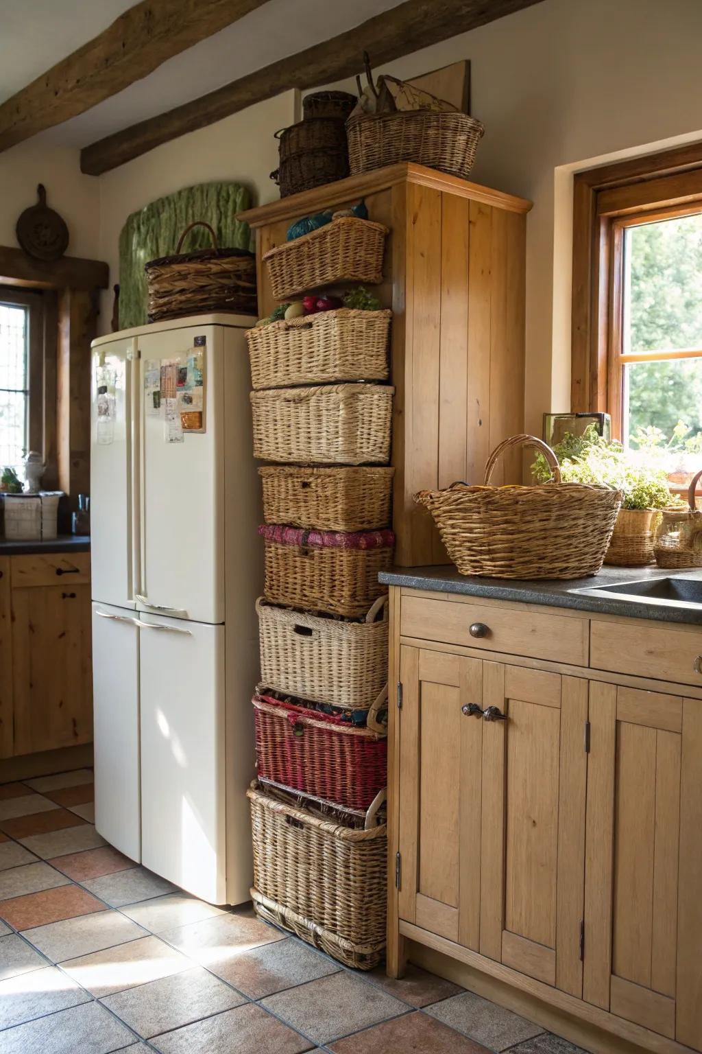 Woven containers offer both style and storage to the area above your refrigerator.