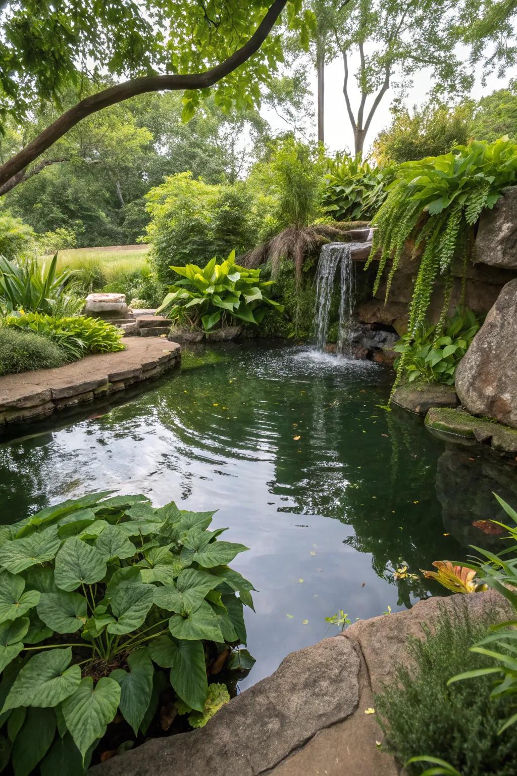 Lush plants enhance the natural feel of this above-ground pond with a waterfall.