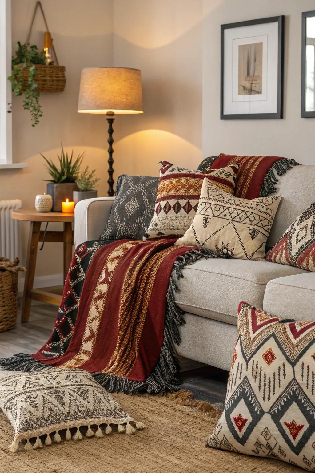 Tribal patterns in textiles bring a dynamic touch to your living room decor.