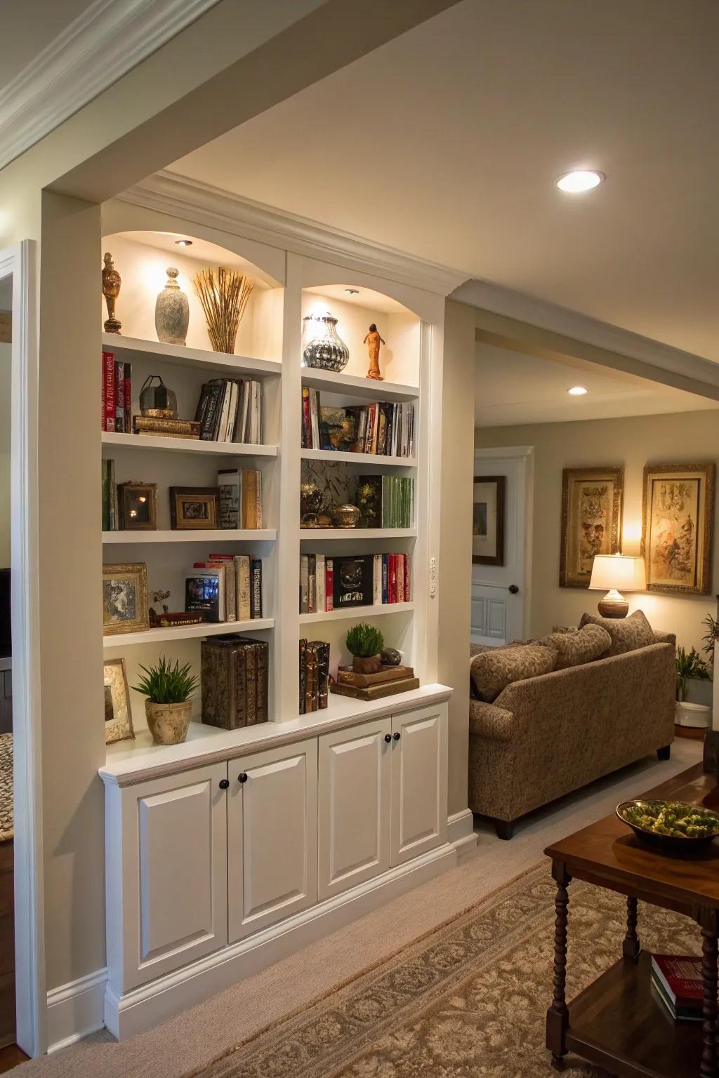 Built-in shelves merge practicality and sophistication.