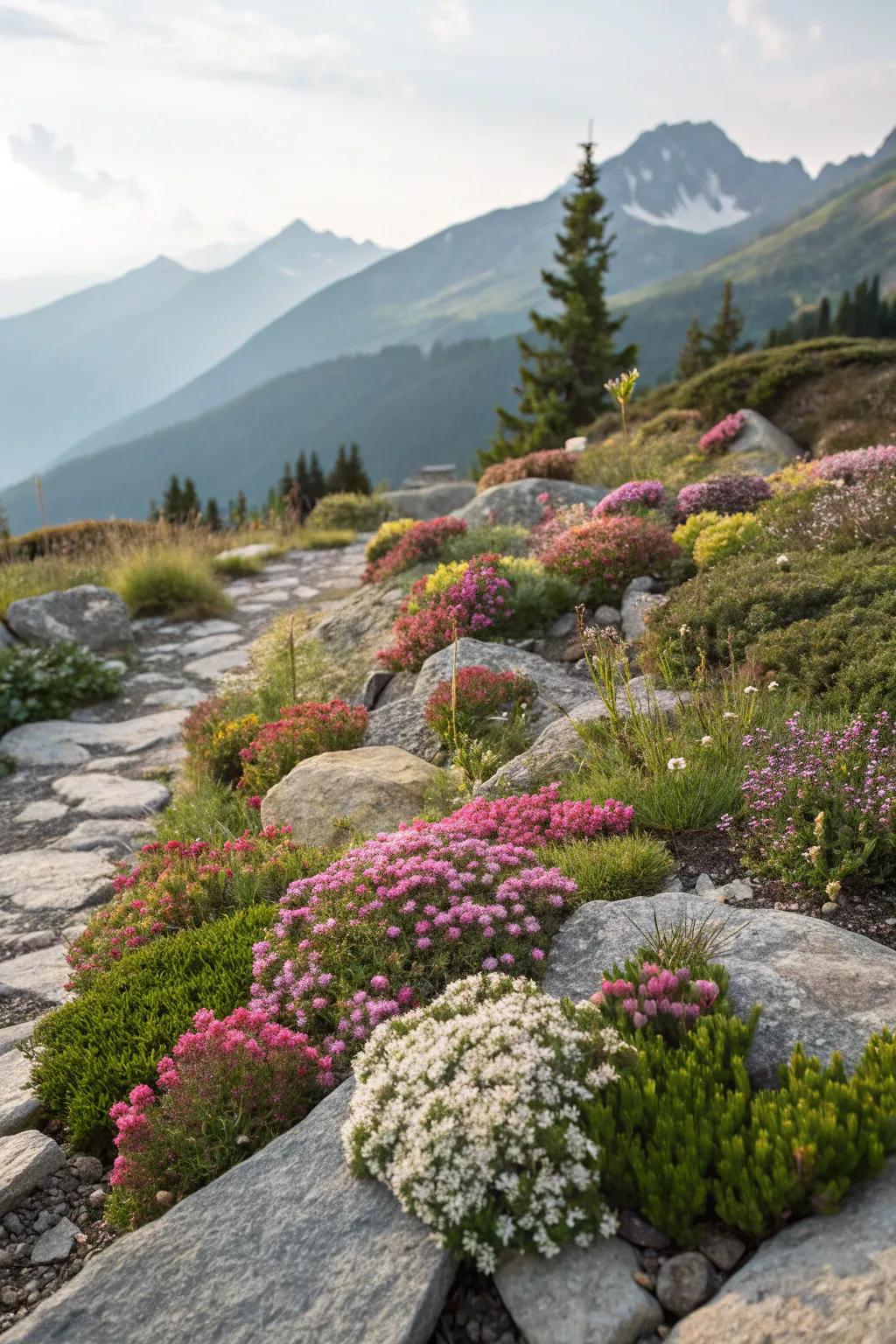 Alpine flowers add color and vitality to the rocks.