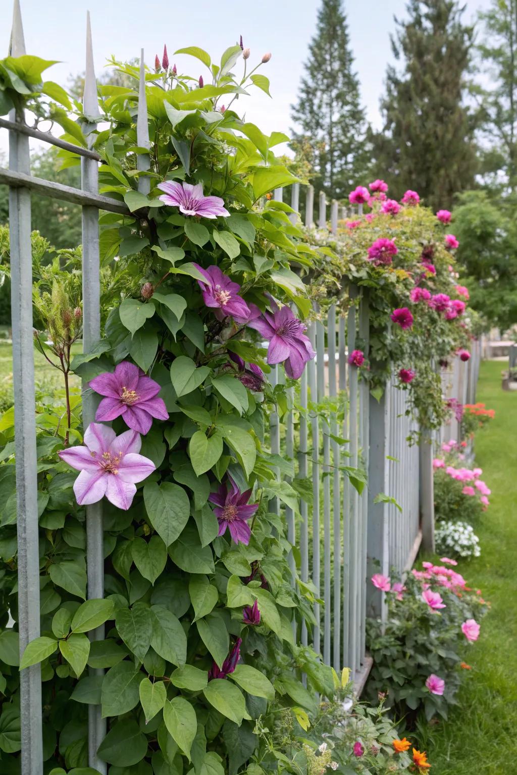 Flowering vines infuse an aluminum fence with a touch of romance.