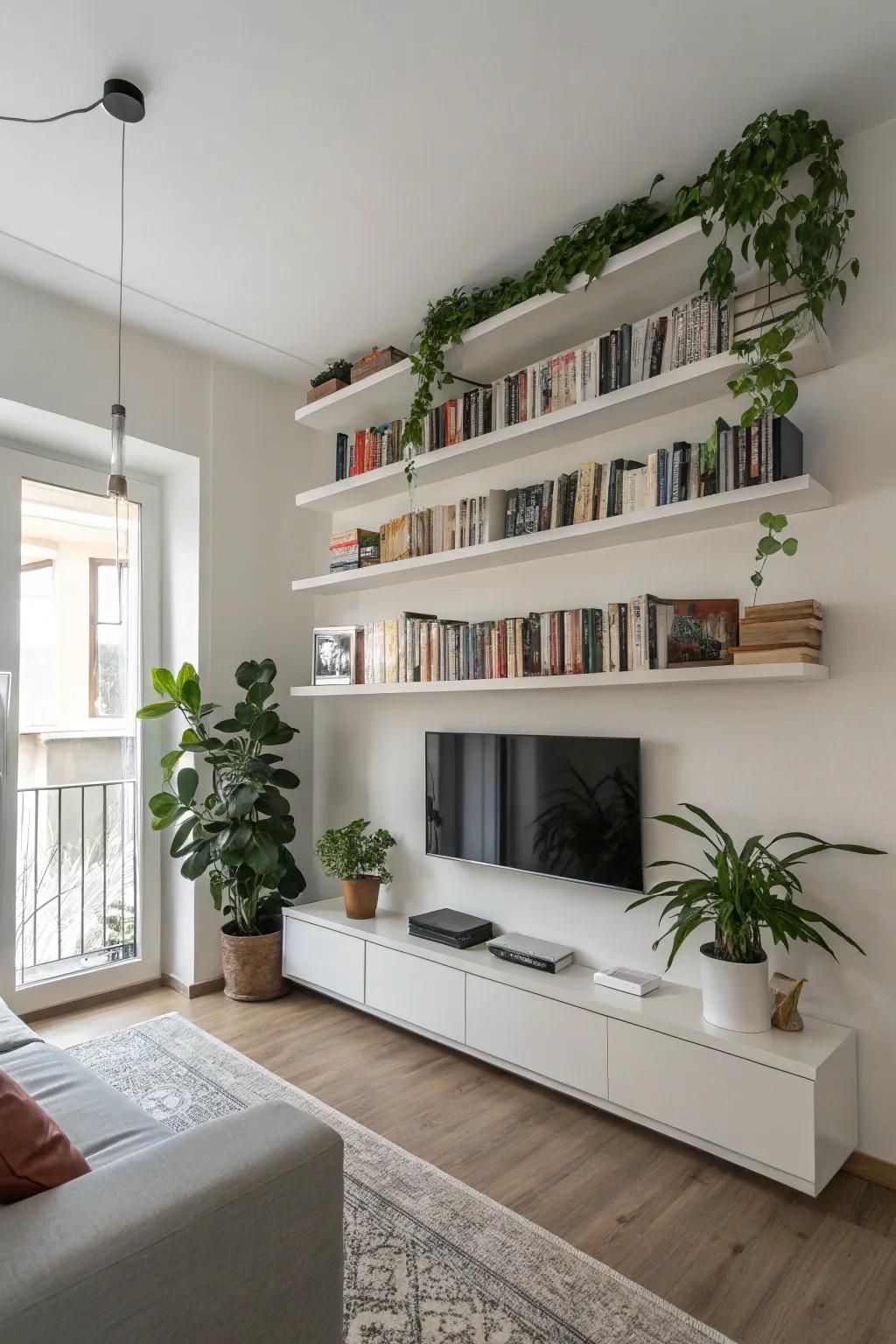 Floating shelves add elegance and keep the floor space open in a minimalist living room.