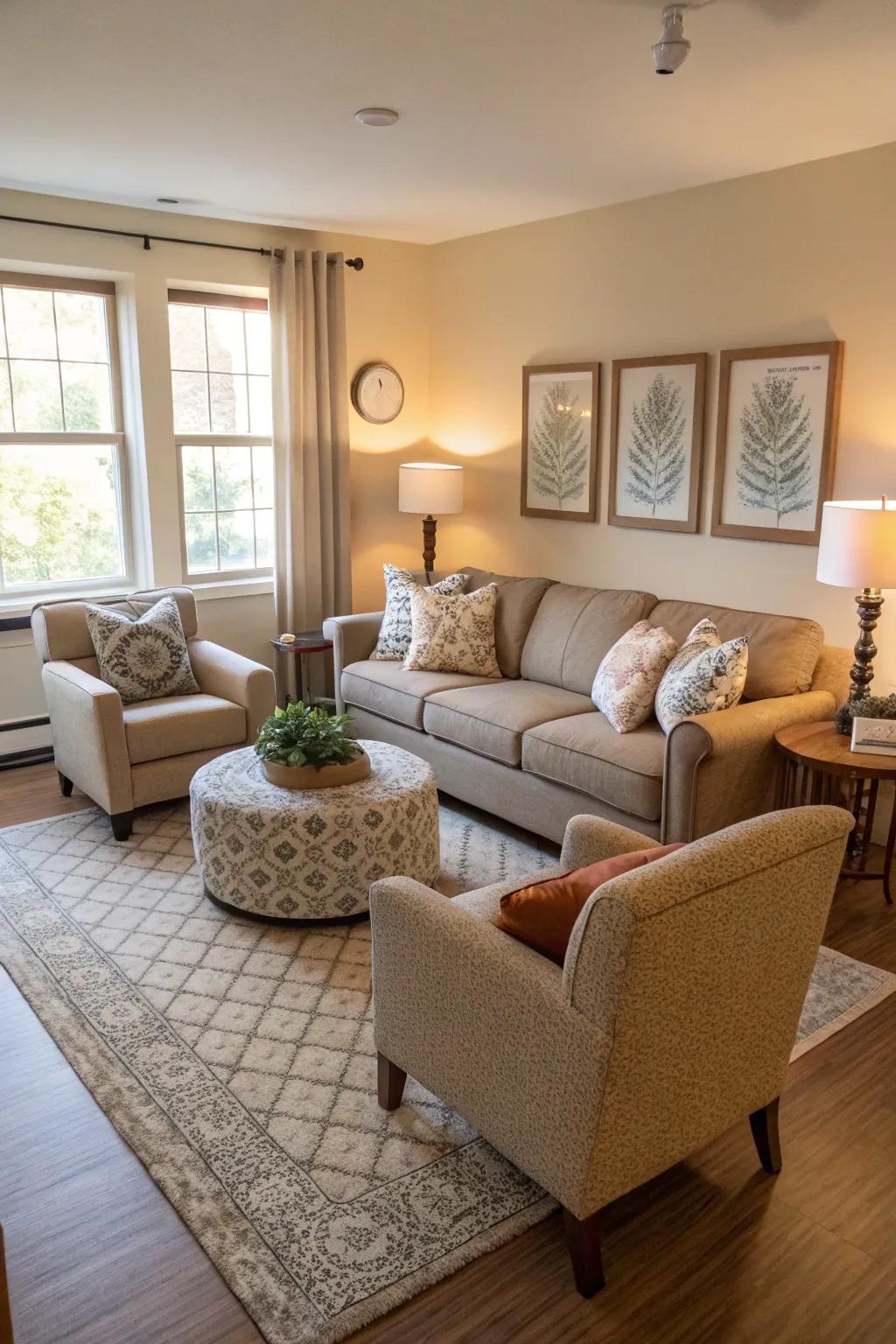 A sociable seating plan in a small living room.