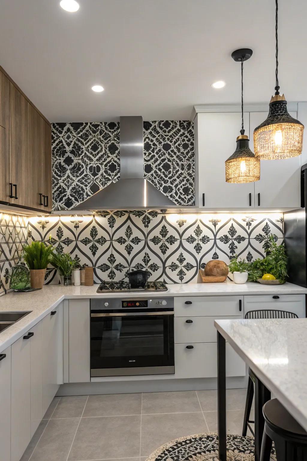 A contemporary kitchen showcases a stunning black and white arabesque tile backsplash.
